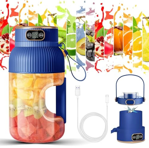 1200ML USB Rechargeable Juicer Cup With Digital Display Portable Multifunctional Personal Mixer Blender For Smoothies Protein Shakes Gym Travel(Blue,Double lid)