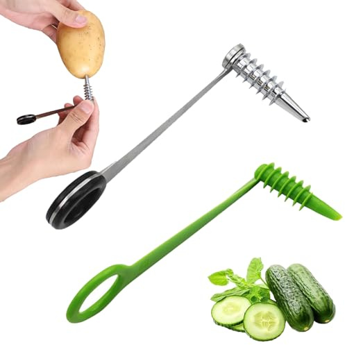 2 Piece Set Potato Spiral Cutter, Spiralizer for Vegetables, Cucumber Slicer, Kitchen Tools & Gadgets, with Stainless Steel and Plastic Spiralizers for Healthy Snacks and Party Platters