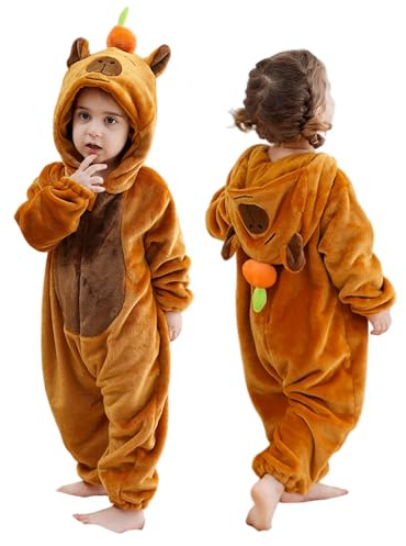 Rachlicy Capybara Onesie Kids Cartoon Flannel Capybara Disfraz con Capucha esponjosa Linda Pijamas Traje de Arrastre para bebés para Fiestas temáticas Ropa Casual, Talla 120