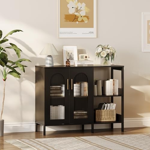 Sideboard, Küchenschrank, Buffet-Schrank Mit 2 Glastüren Und 2 Offenen Fächern, 100 x 40 x 80Cm, Modernes Küchenschrank Mit Arbeitsplatte & Metallgriff Für Küche, Esszimmer, Wohnzimmer, Schwarz