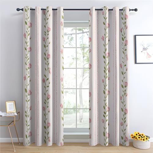 Rideau Occultant Thermiques Floral - Rideau Fille Fleur Rose Pastel Botanique, Lot de 2 Rideaux à Oeillets pour Decoration Chambre Salon, Draperies Intérieurs Fenetre, 140x220 cm (LxH)