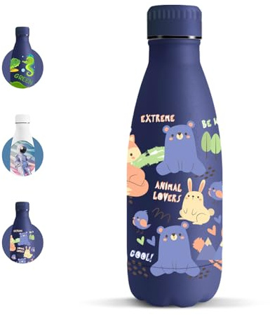 Motswedi Botella Agua Acero Inoxidable, 350 ml Libre de BPA, Cantimplora, 18/8 Acero Inoxidable, Botella, Vacío de Doble Pared, Cantimplora Termica para Escuela, Yoga - Oso azul oscuro