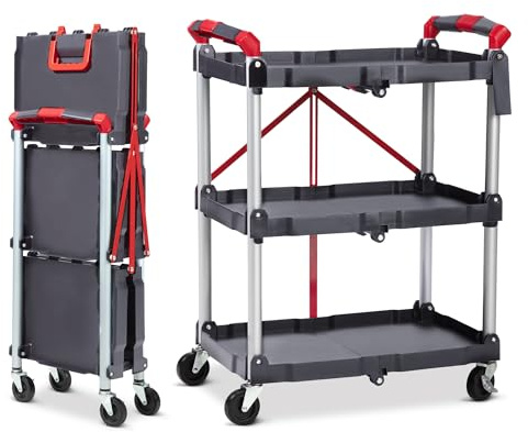 3-Tier Collapsible Service Cart, 90 kg Folding Cart with Wheels, Portable Tool Trolley with Ergonomic Handle & Fixed Rope, for Home, Office, Garage, Workshop, Warehouse (No Assembly Required)