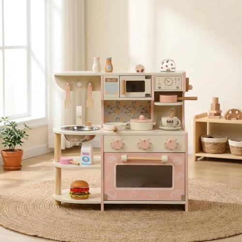 Cuisine en Bois Enfant Rose avec Machine à café, Four, Micro-Ondes et évier, Jouet Bois Cuisine Enfant pour Filles 3 Ans et Plus