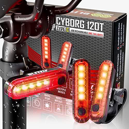 2025 BLITZU USB-C Rechargeable Bike Tail Light 2 Pack, Cyborg 120T Bright Red LED Bicycle Rear Light, Waterproof Helmet Lights, Cycling Flashlight Safety Reflectors Accessories, Fits Adult, Kids MTB