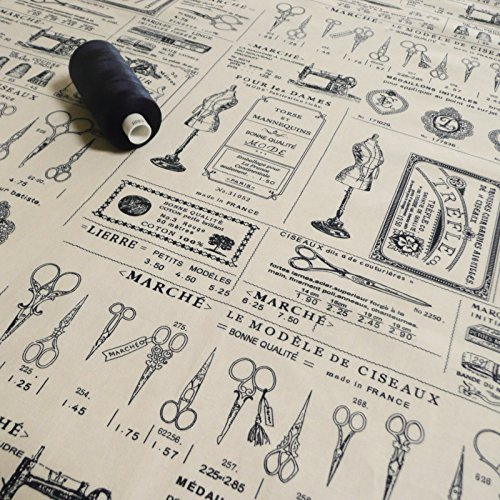 Baumwollstoff im Vintage-Stil, bedruckt, französische Schrift und Scherensymbole, cremefarben / Marineblau, Meterware