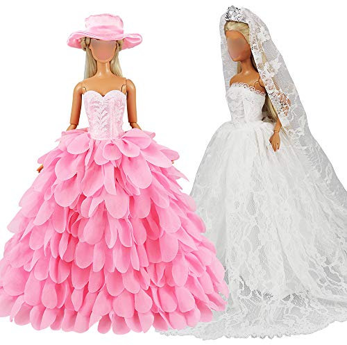 Miunana 2 Vestiti Per 30 CM / 11.5 Pollici Principessa Bambola = Sera Party Principessa Abbigliamento Abito Da Sposa Lungo Senza Spallini Con Corona E Velo + Abito A Scale Colore Di Rosa Con Cappello