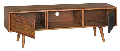 FineBuy TV Lowboard REPA 140 cm Massiv-Holz Sheesham Landhaus 2 Türen & Fach, HiFi Regal 4 Füße, Fernseher Kommode Vintage