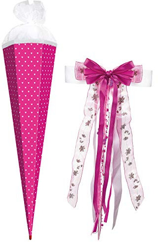 alles-meine.de GmbH Schultüte - kräftiges pink/rosa - Herzen weiß - 70 cm - rund - incl. große Schleife - Filzabschluß - Rohling - Zuckertüte - mit Holz Spitze - Bastelschu..