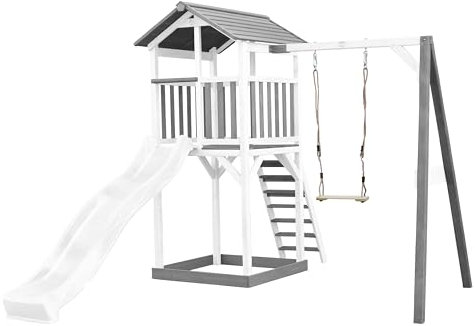 AXI Beach Tower Spielturm aus Holz in Weiß & Grau | Spielhaus für Kinder mit weißer Rutsche, Schaukel und Sandkasten | Stelzenhaus für den Garten.