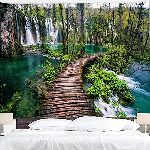 Grüner Regenwald Wasserfall Fluss Holz Brücke Wandbehang Wandteppich Dekor Wohnzimmer Schlafzimmer für Zuhause Dekoration Tapisserien Decke Inhouse von Gedruckt in 150 x 200 cm Tapisserie