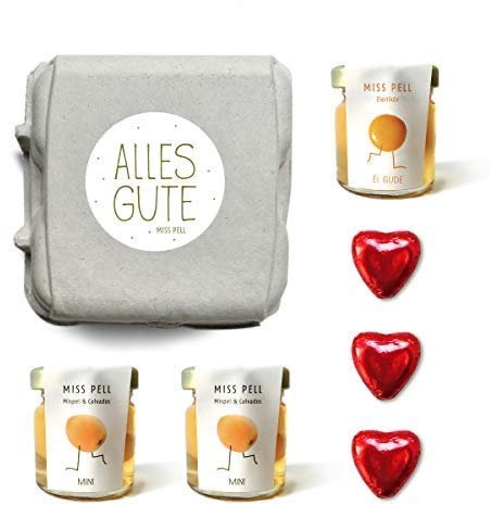 Geschenk-Idee: witziges Geschenk-Set 2 Mispelchen, 1 Eierlikör trinkfertig im Glas & Schokoladen-Herz in dekorativer Schachtel