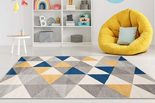 Carpeto Rugs Teppich Wohnzimmer Kurzflor Grau Modern Geometrisch Rauten Muster - Niedrigflor Teppich für Wohnzimmer Jugenzimmer Kinderzimmer/Öko-Tex Pastell Grau Gelb Blau 240 x 330 cm