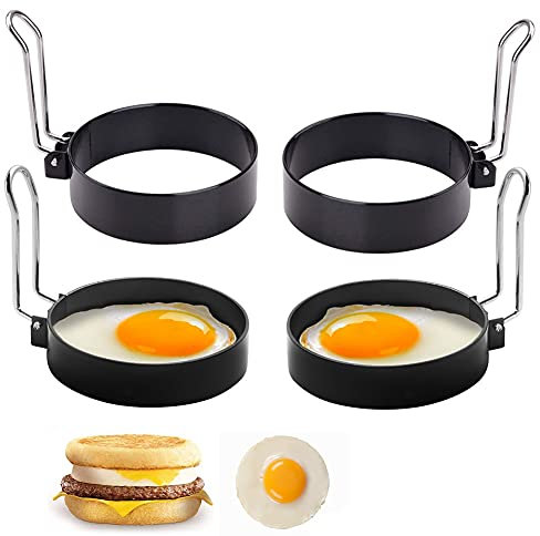4PCS Stainless Steel Non-Stick Egg Rings Set with Folding Handles for Frying Eggs and Omelet, Pancake Ring Mold