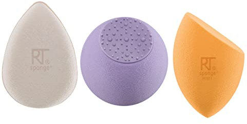 REAL TECHNIQUES Sponge+ Beauty Makeup Blenders for Facial Cleansing, Toner, and Foundation, Probiotic and Vegan Collagen infused (3 Piece Kit)