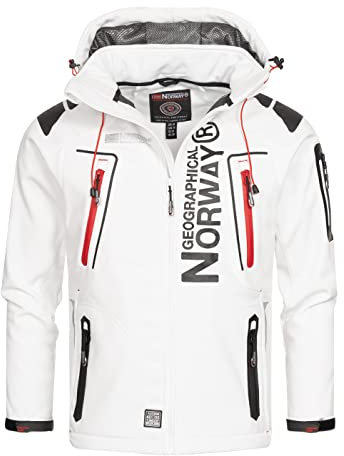 Geographical Norway Techno Men - Kapuzen-Softshelljacke Mann Wasserdicht - Outdoor Mantel Tactical Widerstandsfähig Windbreaker Jacket - Wandern Ski Herbst Winter Frühling (weiß Rot XXL)