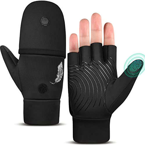 EEFOW Halbfinger Flip Damen Thermo Fahrradhandschuh - Sport Outdoor Winddicht handschuh mit Touch Screen Winterhandschuh Warm Running Handschuh für Fahrrad Ski Arbeits Fußball Motorrad Schwarz M