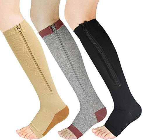 YUSHOW 3 Paar Kompressionsstrümpfe Damen Herren Stützstrümpfe mit Reißverschluss 15-20 mmHg Medizinisch Kompressionssocken Offenen Zehen Compression Socks für Ödeme, Sport, Laufen