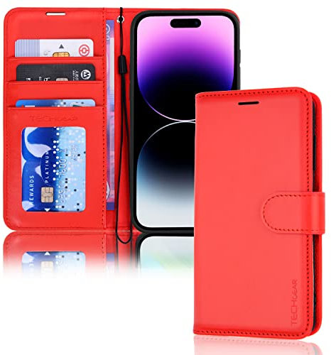 TECHGEAR iPhone 14 Pro Leather Wallet Case, Flip Protective Case Cover with Wallet Card Holder, Stand and Wrist Strap - Red PU Leather with Magnetic Closure Designed for iPhone 14 Pro 6.1