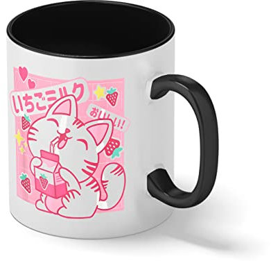 Japanese Strawberry Milk Shake Kawaii Cat Retro 90s Vintage Blanca taza de café con RIM Negro y manija Mug