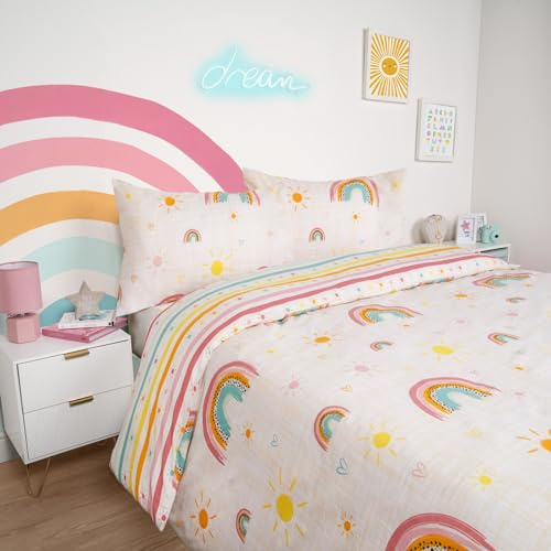 Dreamscene Rainbow Bedding Kids Double Duvet Set, Gifts for Girls Super Soft Cosy Warm Polycotton Quilt Cover Kids Bedding Stripe Reversible Duvet Sets Double Bed, Multi
