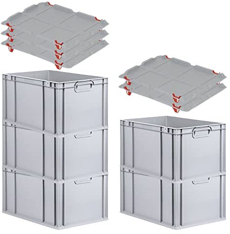 PROREGAL SparSet 5x Eurobox NextGen Grip mit Auflagedeckel & 4 roten Schiebeschnappverschlüssen, HxBxT 32x40x60cm, 65 L, Grau, Griffe geschlossen, Eurobehälter, Transportbox