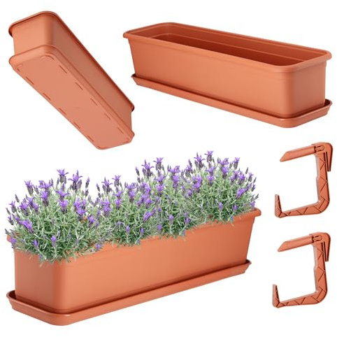KADAX Blumenkasten 60 cm mit Untersatz und Halterung, Terracotta – Balkonkasten aus Kunststoff, Pflanzkasten für Innen- und Außenbereiche, Blumentopf für Balkon