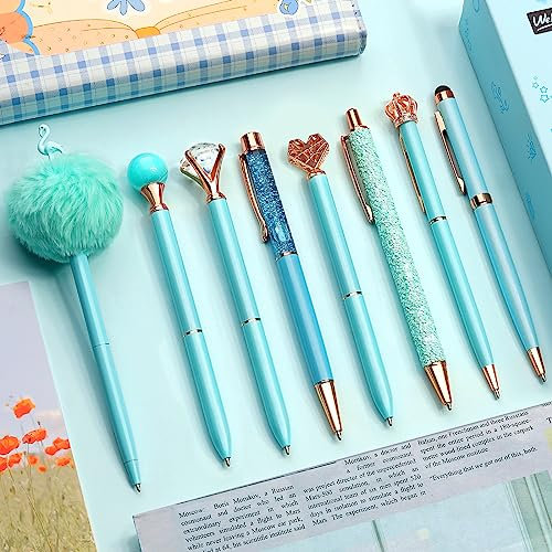 WEMATE 8-teiliges Kugelschreiber-Set, Kugelschreiber Bling für Frauen, Stifte für Mädchen, Kugelschreiber mit schwarzer und blauer Tinte, Geschenke für Hochzeit, Brautjungfer, Büro, Blau
