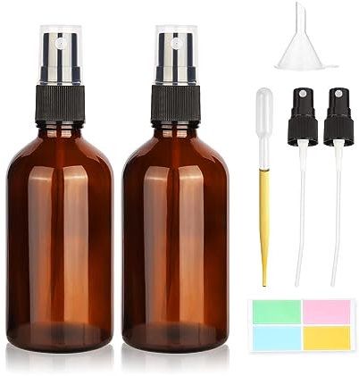 30ml Amber Glass Spray Bottles 2PCS Empty Fine Mist Spray Bottle Refillable Travel Perfumes Spray Bottles for Essential Oils, Perfumes,with 2 Atomizer Pumps, 1Funnel,3ml Plastic Dropper,4 Label