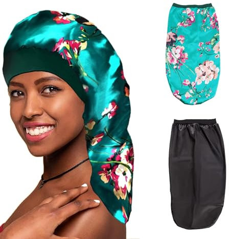 KAYEF Cuffia per capelli in raso 2pcs, cuffia di seta per capelli da sera e notte, adatta per dormire e trucco (verde)