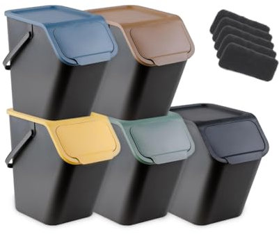 Go Practic Mülleimer Set 5 Stück 25L Mit Deckel Kohlefilter Click-Function Abfalleimer Mülltrennsystem Abfallbehälter Recycling