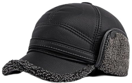 CHENNUO Herren PU Leder Baseball Cap mit Ohrenklappen & Nackenschutz Schirmmütze Winddicht Kappe (DE/NL/SE/PL, Numerisch, 56, 58, Schwarz)