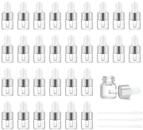 30pcs 1ml Dropper Bottle,Empty Mini Bottles with 3pcs Dropper Pipettes silver Aluminum Alloy Cap,Refillable Small Sample Vials Container for Essential Oils Perfume Cosmetic Liquid (1ml)