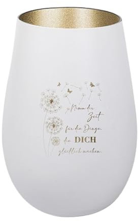Der-Porzellan-Laden Windlicht mit Gravur Nimm dir Zeit für die Dinge, Weiß Gold, Teelichthalter aus Glas mit Spruch, Tischdeko modern