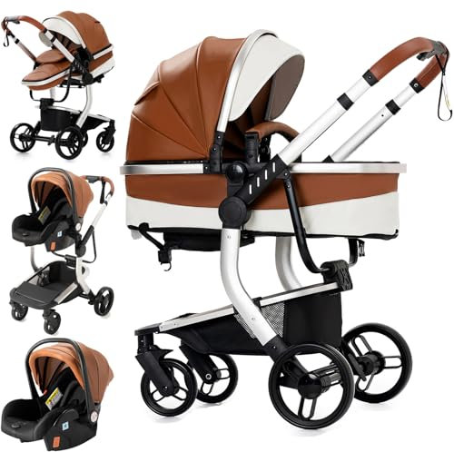 Reenborn PU-Leder Kinderwagen 3 in 1, Buggy mit Zwei Umkehrbaren Schiebemodi, Kinderwagen mit Rahmen Aluminiumlegierung, Kinderwagen 3 in 1 Komplettset Ein-Klick-Faltdesign Hohe Landschaft (518 Khaki)