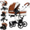Reenborn PU-Leder Kinderwagen 3 in 1, Buggy mit Zwei Umkehrbaren Schiebemodi, Kinderwagen mit Rahmen Aluminiumlegierung, Kinderwagen 3 in 1 Komplettset Ein-Klick-Faltdesign Hohe Landschaft (518 Khaki)