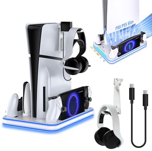 Sehawei Support Base pour PS5 Pro/PS5/Slim, Ventilateur de Refroidissement PS5 à 3 Vitesses, Chargeur Manette PS5/PS Portal avec Indicateur RVB, Accessoires pour PS5/Pro/Slim