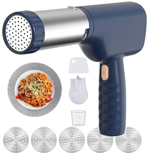 Handheld Electric Pasta Maker,5-in-1 Cordless Pasta Machine, Portable Noodle Maker with Moulds and Cutter,Automatic Dough Press,Homemade Ramen Spaghetti Maker Machine,Blue