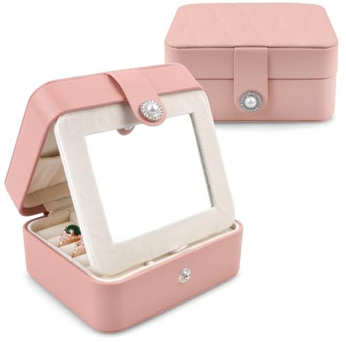 Homeanda Schmuckkästchen Reise,Tragbar Schmuckschatulle mit Spiegel, Schmuckbox PU-Leder für Ringe,Halsketten,Armbänder,Ohrringe(Rosa)