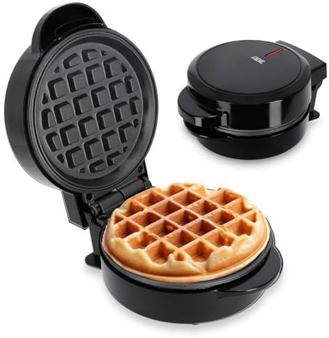 ADE Mini Waffeleisen | runde belgische Waffel | für eine Person, Party, Kindergeburtstag | hochwertige Antihaftbeschichtung | 550 W | schwarz
