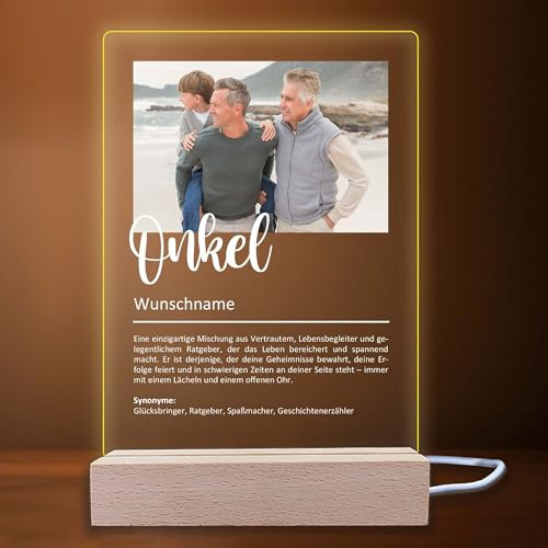 INDIGOS UG - LED Lampe personalisiert - Onkel Definition - Bild mit Wunschtext - Wunschname - personalisiertes Nachtlicht - Geschenk, Geburtstag, Weihnachten - optionale Lampe warmweiß
