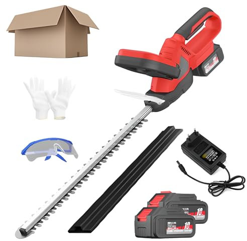 Cordless Hedge Trimmer, 2 * 1300mAh Handheld Hedge Cutter Trimmer with Gloves & Goggles, 60cm Dual Action Blade, 16mm Tooth Opening, Electric Shrub Shear for Trimming Hedges, Shrubs