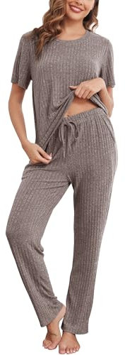 Wikoan Ensemble 2 Pièces pour Femme Élégant Côtelé Vêtement d'intérieur Tenue d'automne Ensemble de Pyjama à Manches Courtes et Pantalon Pyjama Marron Foncé XL