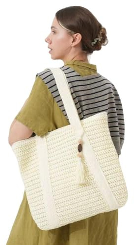 ENHVNYZA Strandtasche Strohbeutel Gewebte Für Frauen, Große Sommertasche, Crossbody -Korb -Tasche Den Urlaub-weiß-reißverschluss