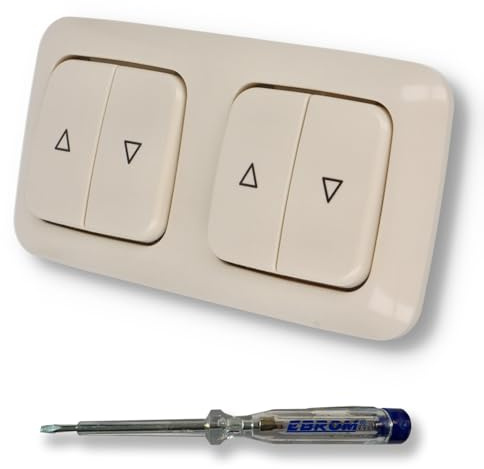 EBROM SET IDEE: BUSCH JÄGER 2 x Jalousieschalter Rolladenschalter 2000/4 US (2000/4US) DURO2000 cremeweiß glänzend Komplettset mit Aufdruck Pfeil auf/ab + EBROM Phasenprüfer zur Montage