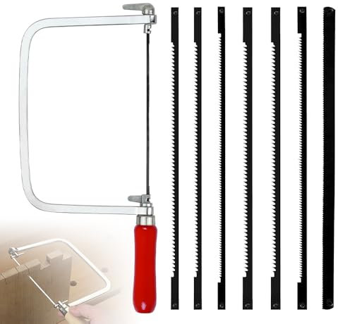 mizikuu Sierra de Marquetería con 7 Hojas 14 18 24 Dientes, Arco para Metal y Madera Giratorio 360 Grados Segueta de Mano Cortes Precisos para Calar Sierra Proyectos Plástico Madera