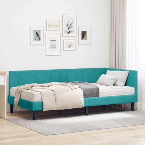 Massbinet Modisch Bett Gepolstertes Bettgestell Lattenrost aus Holz Sofa mit Schlaffunktion Schlafcouch mit Holzbein Eckbettgestell mit Matratze Türkis 90 x 200 cm Samt