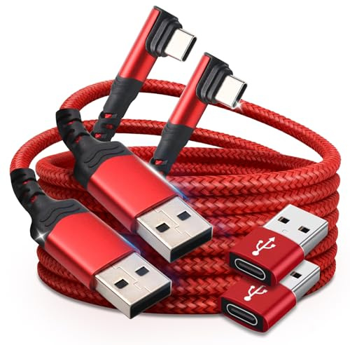 66W USB C Charger Cable 2 Pack 3M USB3.0 to Type-c3.0 Right Angle Fast Charging Charger Cord with USB A to C Adapter for iPhone 15/16 Series/Samsung/Huawei/Oppo and More USB-C Equipment Red
