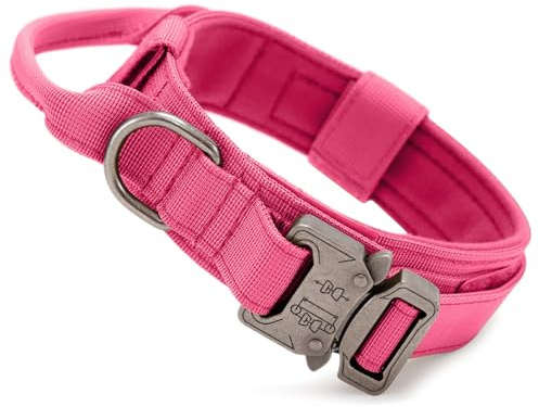 Huntvp taktisch Hundehalsband Verstellbar mit Kontrollgriff, aus Nylon, gepolstert, Metallschnalle, für Mittlere Große Hunde Jagd Training Freizeit Outdoor, Pink L
