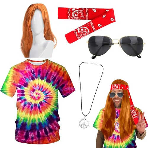 Hippie Kostüm Set, 5 Hippie Perücken Kostüm Zubehör Set, Hippie T-Shirt Perücke Brille Peace Halskette Stirnband, 70er Kostüme, Herren Damen 70er Jahre Bekleidung Karneval Fasching Fastnacht
